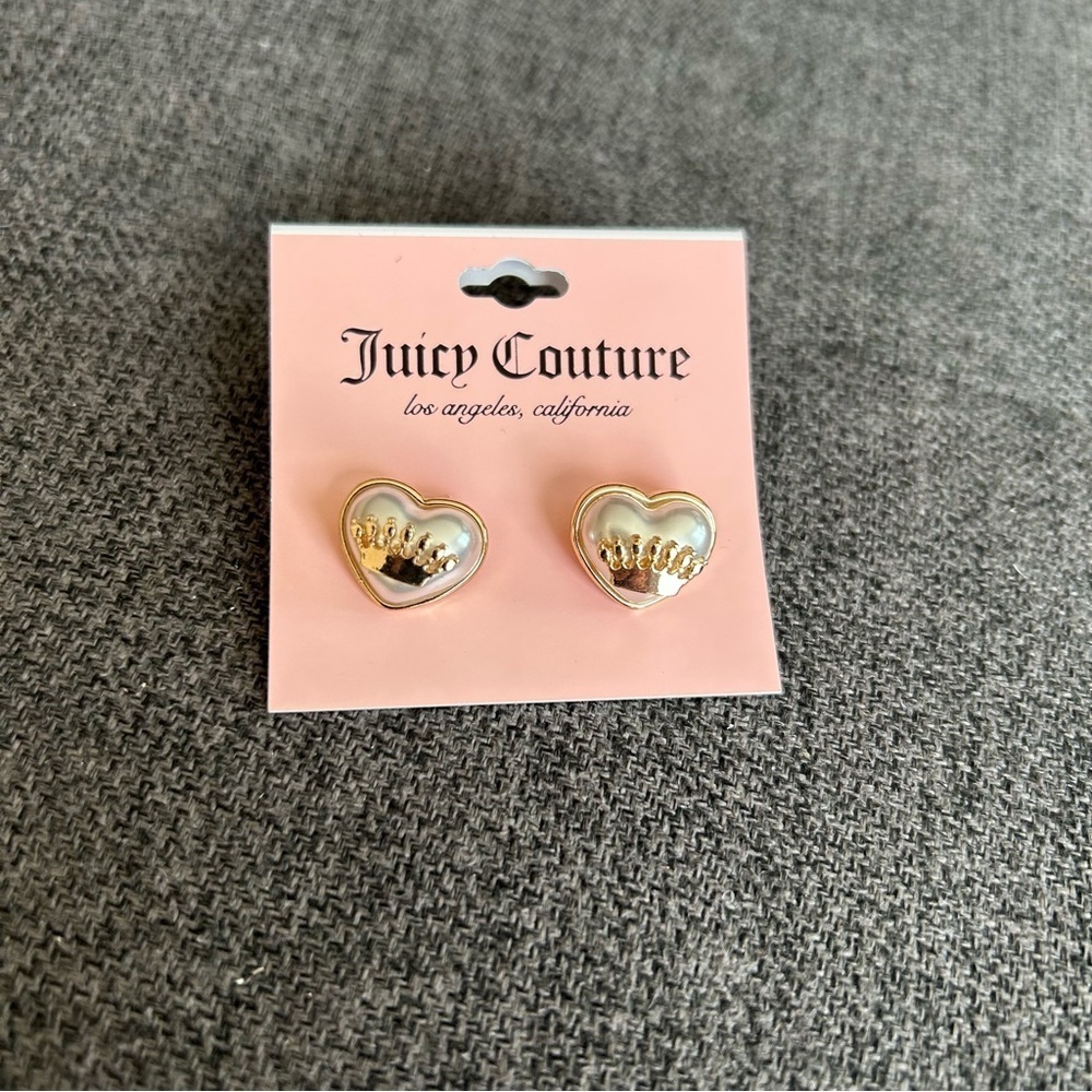 Juicy Couture Crown Heart Stud Earrings, White, Gold